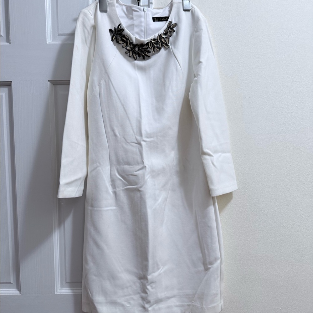Zara White Long Sleeve Dress with Necklace Accent